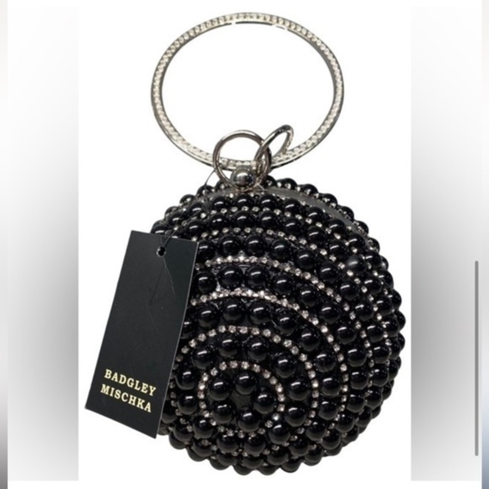 NWT Badgley Mischka Deco Sphere black & rhinestone Baller handbag wristlet ball